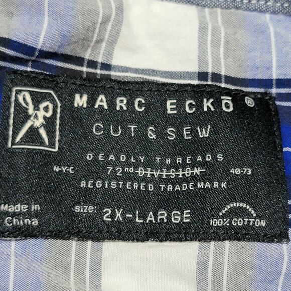 Marc Ecko Cut & Sew SS Blue & White Plaid Pearl Snaps Western Shirt - Size 2XL - Picture 4 of 5